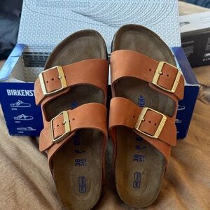 Birkenstock Tan Sandals with Gold Buckles